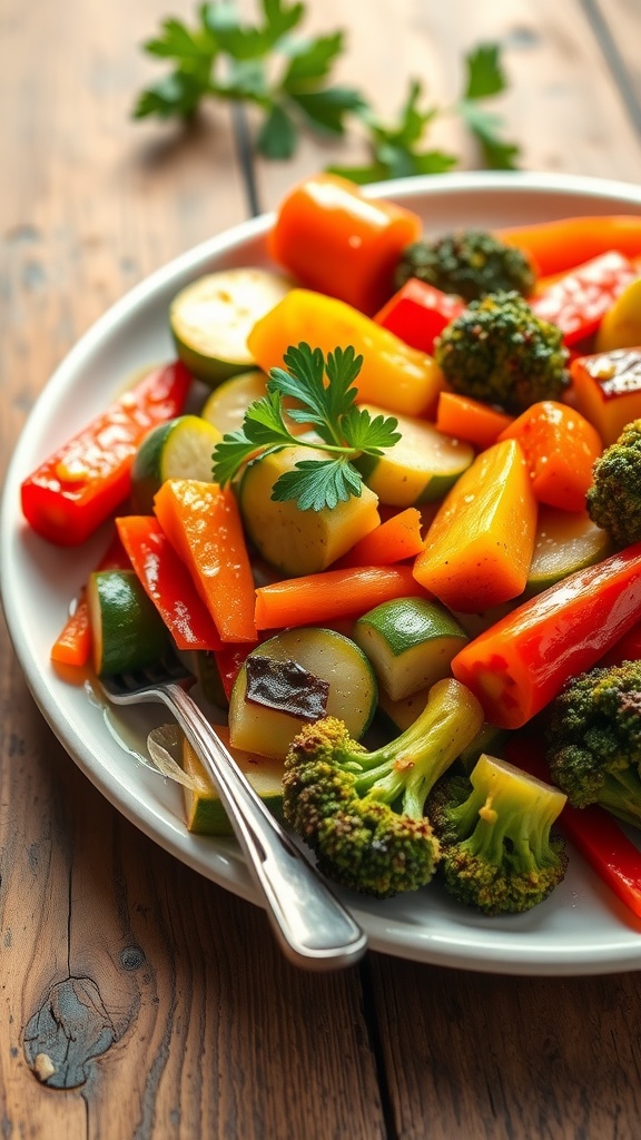 Sautéed Garlic Butter Vegetables for Dinner A plate of sautéed garlic butter vegetables including bell peppers, zucchini, carrots, and broccoli, garnished with parsley.